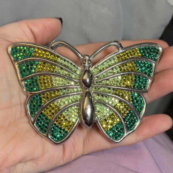 Butterfly Belt Buckle Vintage 80s Green Rhinestone Statement 4\
